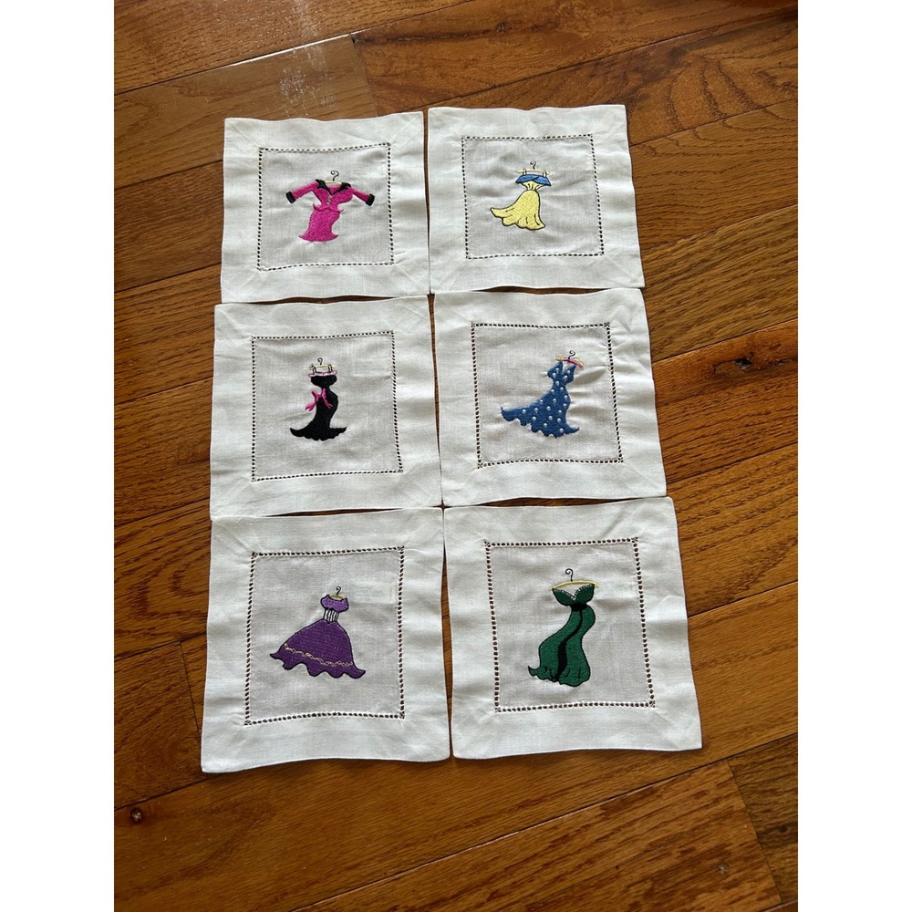 Vintage Style Embroidered Dress Cocktail Napkins Set of 6 White Linen Hemstitch